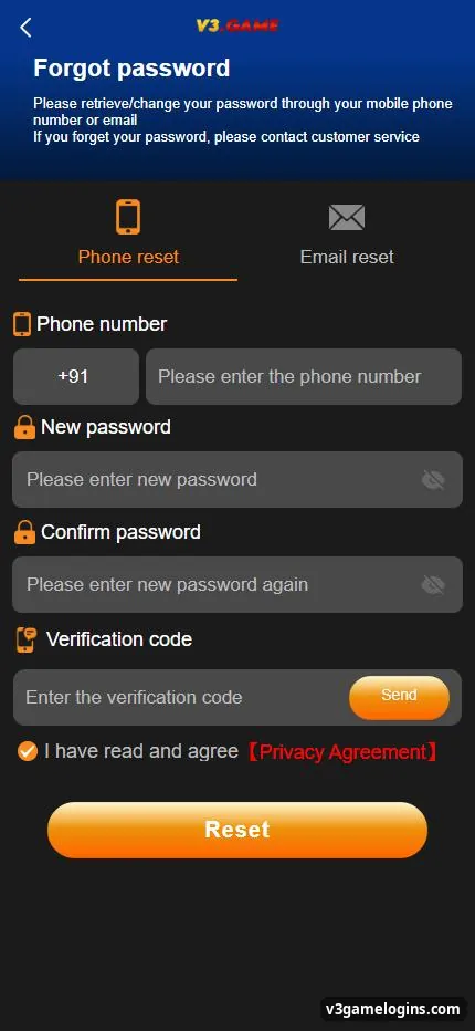 V3 Game Forgot password screen with Phone reset and Email reset, new password and verification code fields